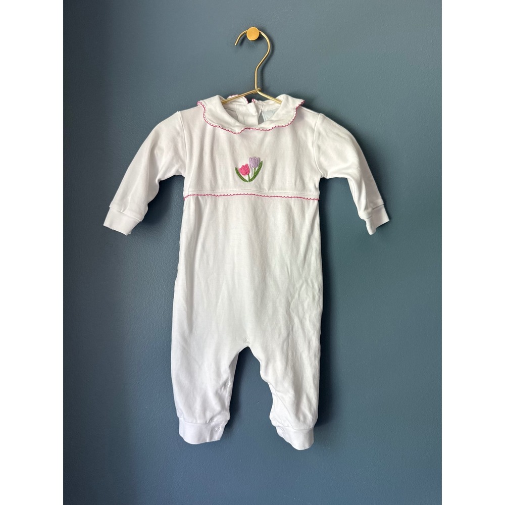Little English Girls White Pima Cotton Tulip Embroidered Romper Pink Trim 6M